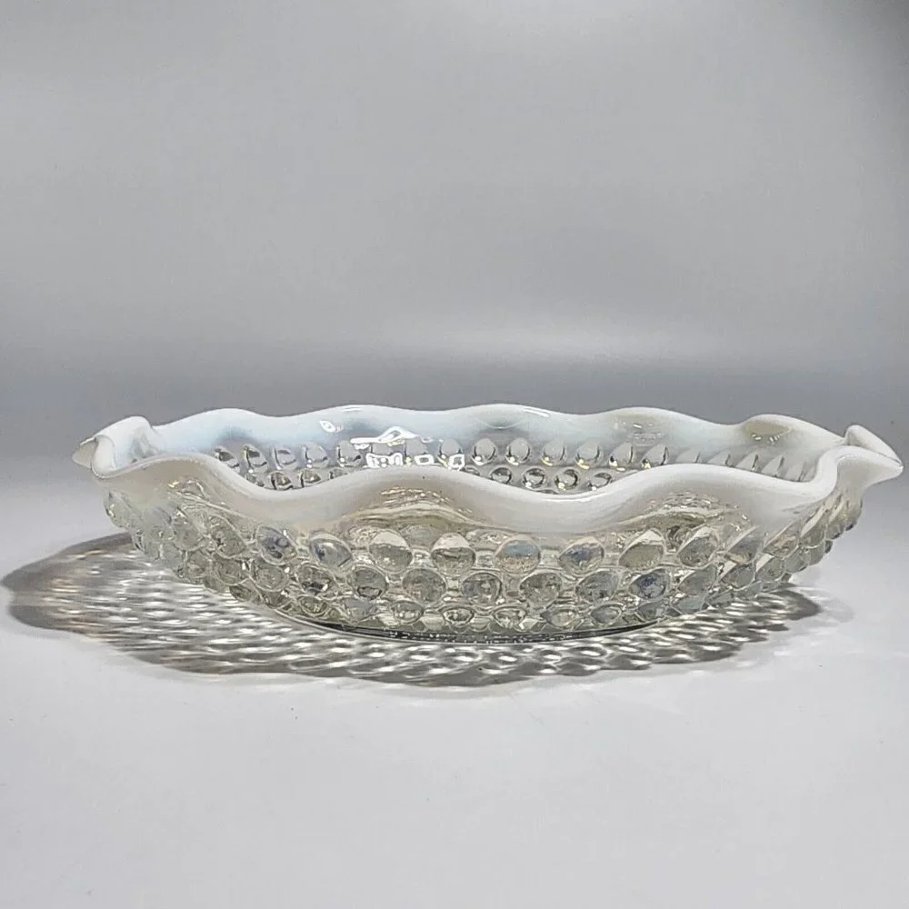 Moonstone Pattern Glass Ruffled Divided Relish with Opalescent Blue Hobnail VTG